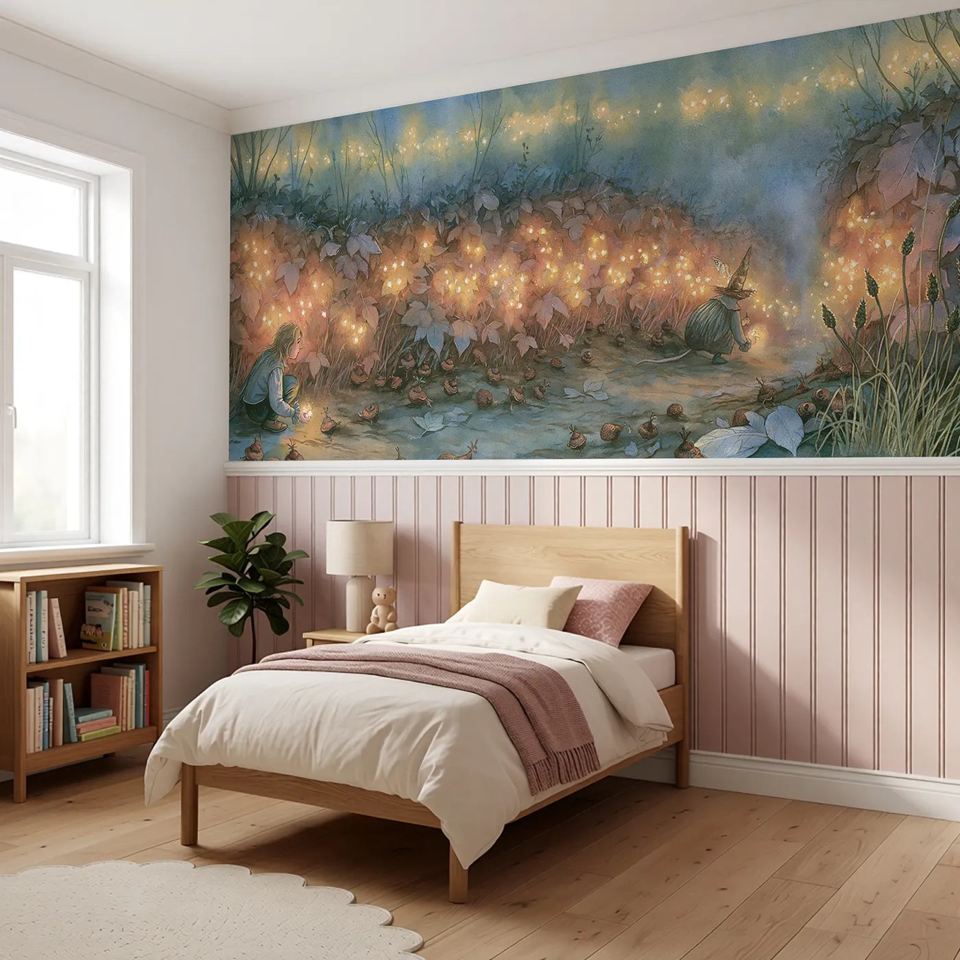 Seed Lights In The Hedge Wainscoting Wallpaper styled in a kids room by Whimsy Tots