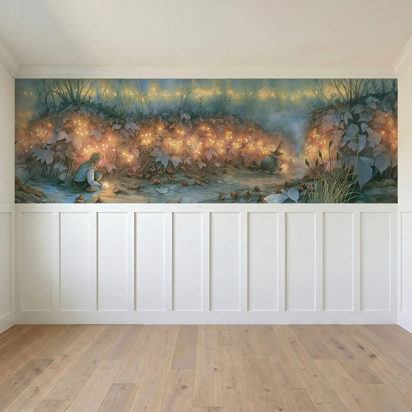 Full panel view of Seed Lights In The Hedge Wainscoting Wallpaper by Whimsy Tots