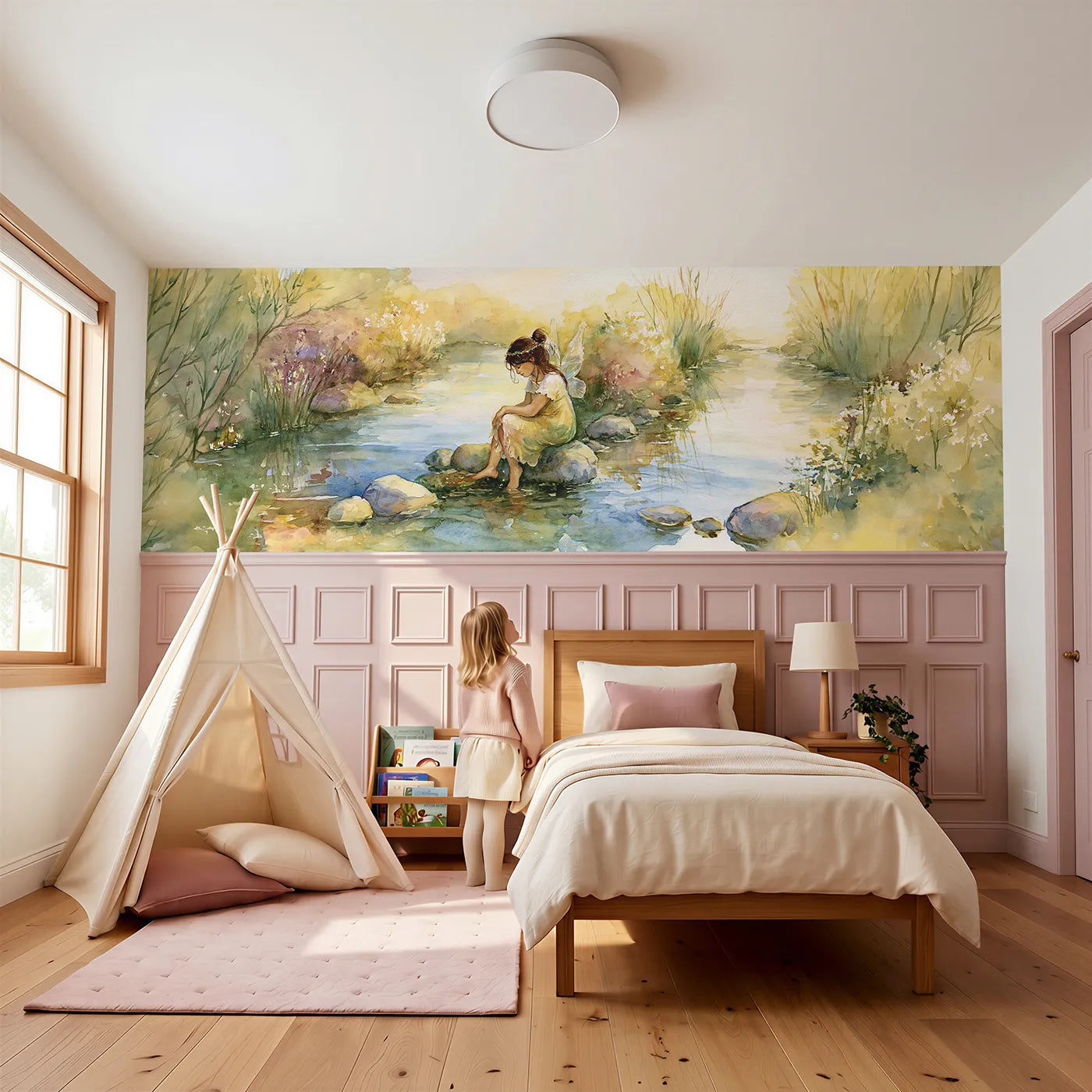 Child reading near Toes In The Cold Rill Wainscoting Wallpaper by Whimsy Tots