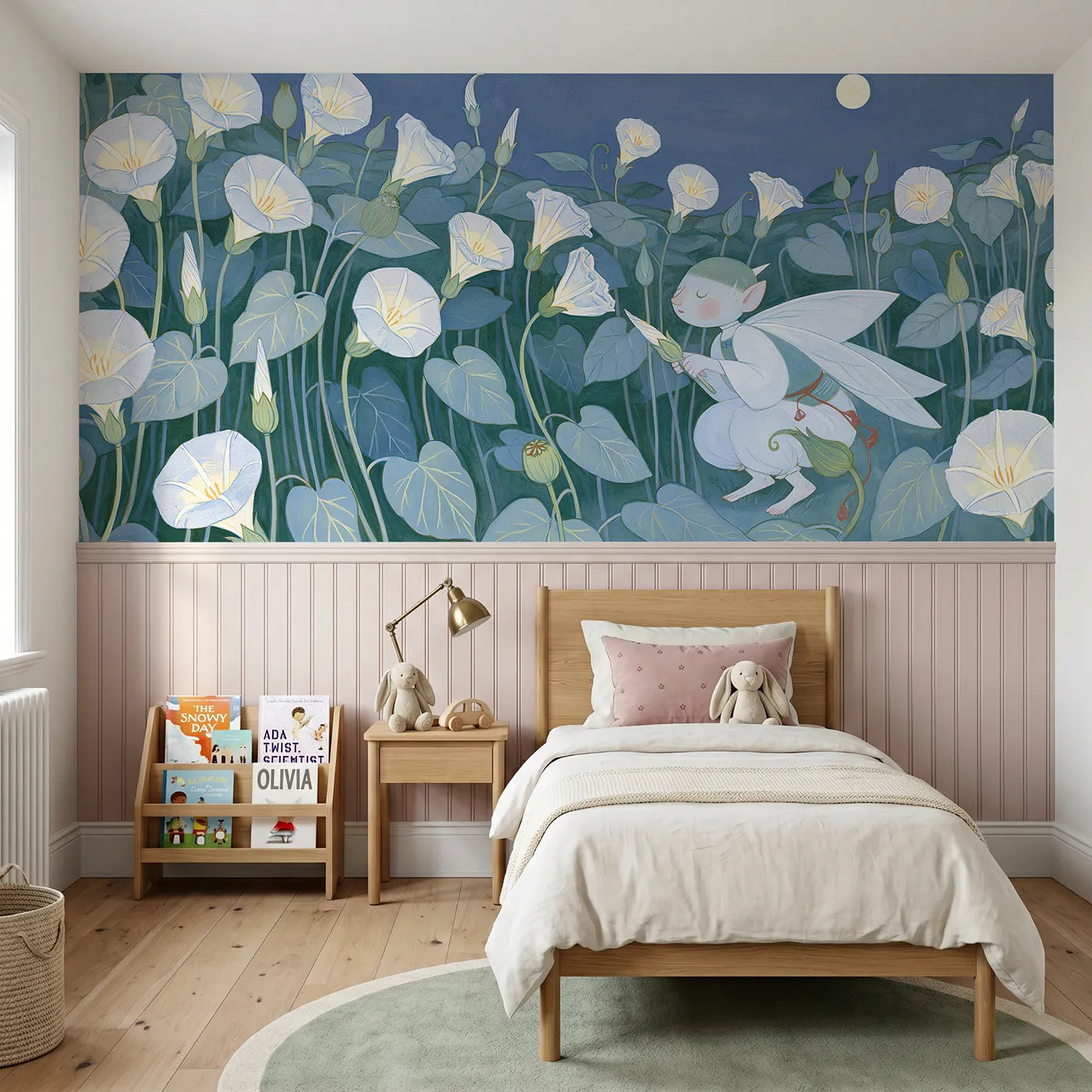 Modern illustration wainscoting wallpaper of putting the buds to bed by Whimsy Tots