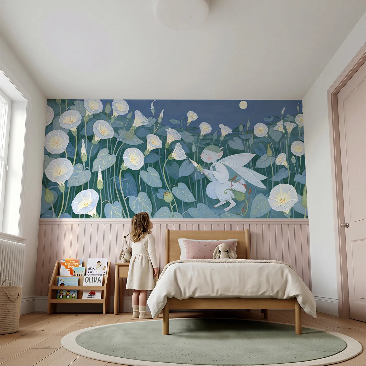 Child reading near Putting The Buds To Bed Wainscoting Wallpaper by Whimsy Tots