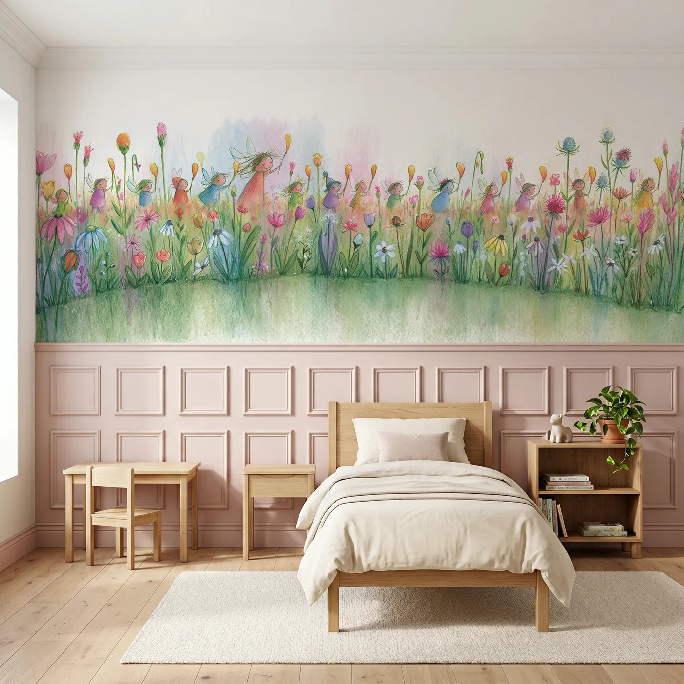 Colored pencil wainscoting wallpaper of carrying petals on the hedge by Whimsy Tots