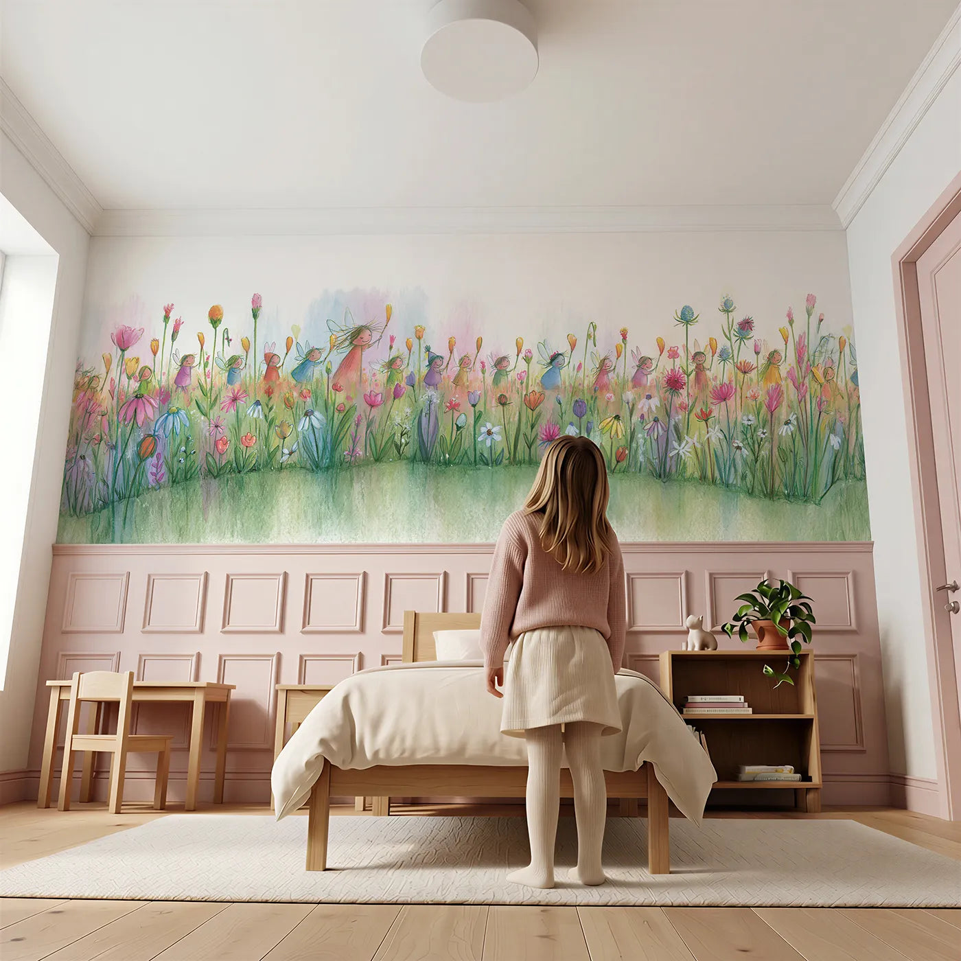 Child reading near Carrying Petals On The Hedge Wainscoting Wallpaper by Whimsy Tots