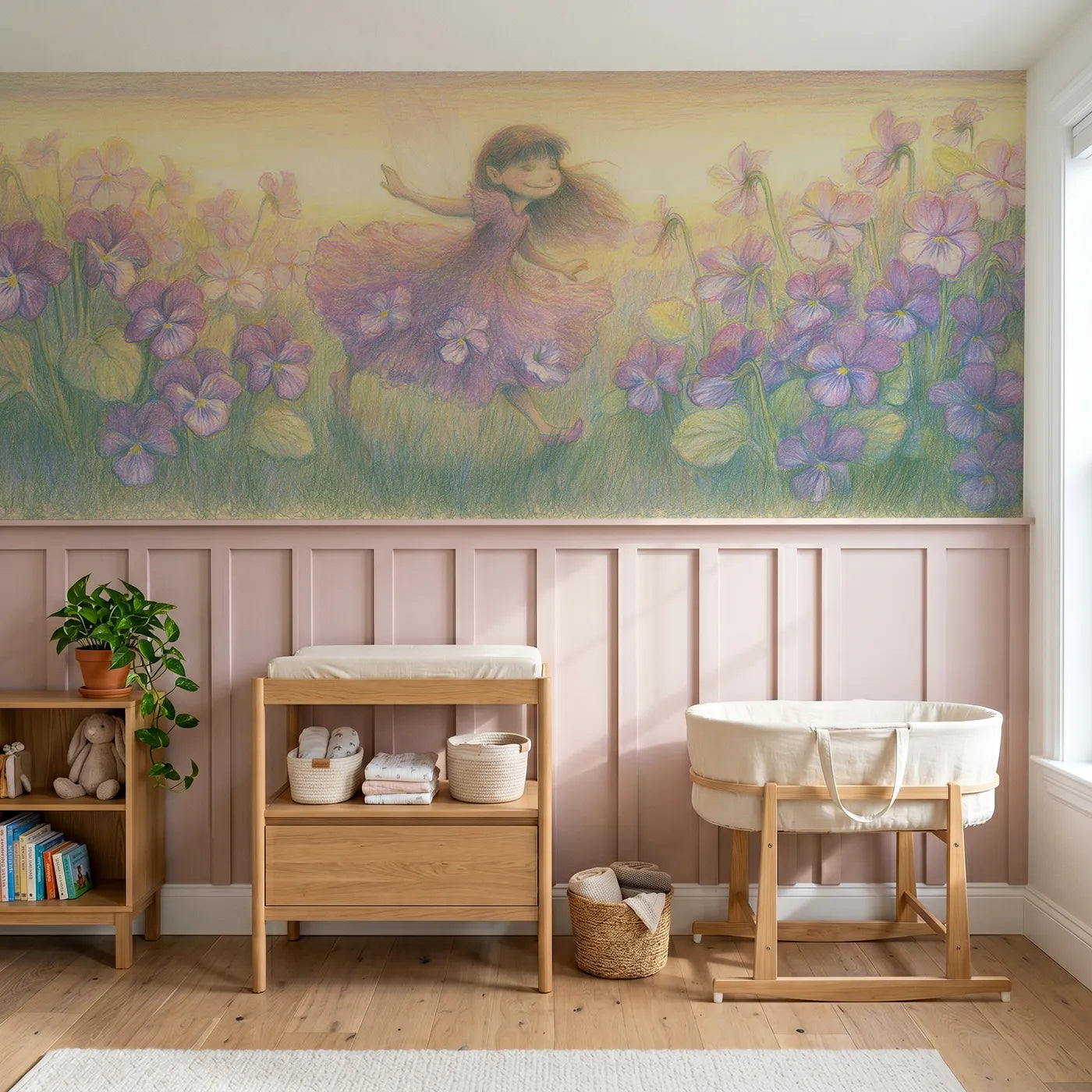 Colored pencil wainscoting wallpaper of a new gown of violets by Whimsy Tots