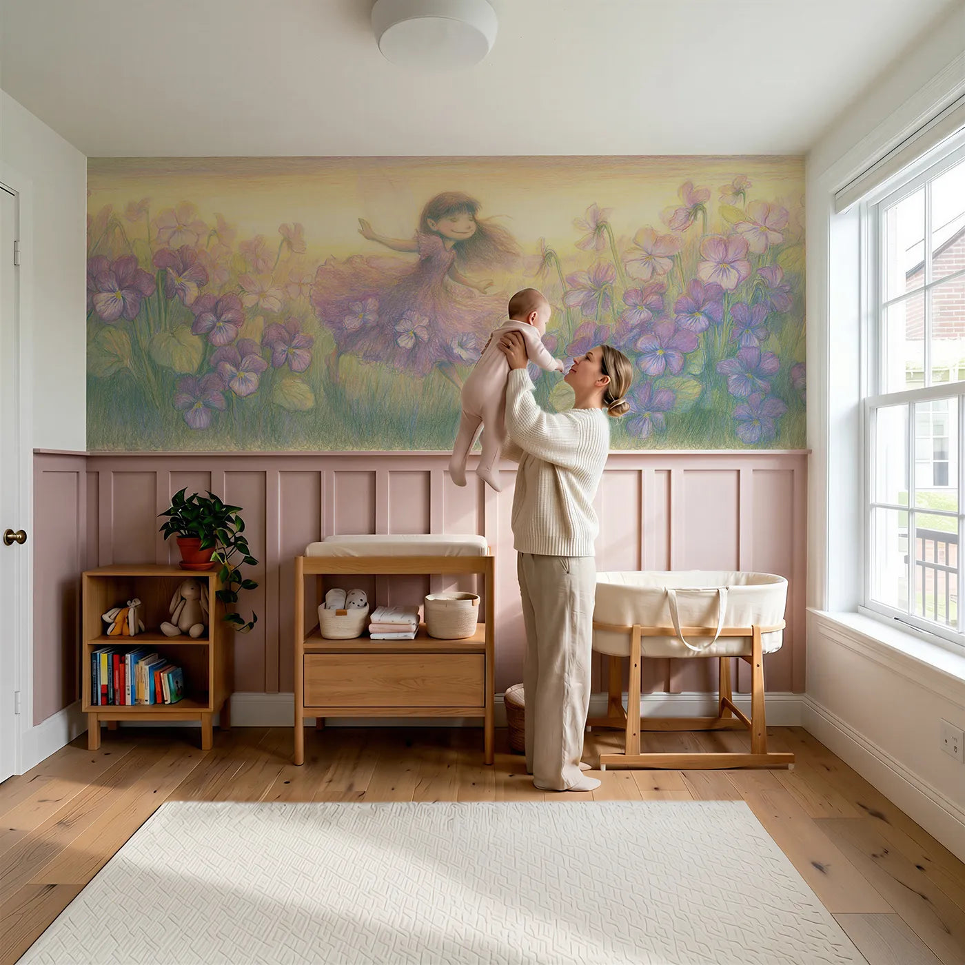 Child reading near A New Gown Of Violets Wainscoting Wallpaper by Whimsy Tots