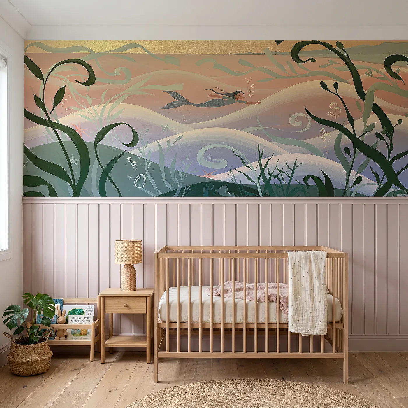 Modern illustration wainscoting wallpaper of the long swim home by Whimsy Tots