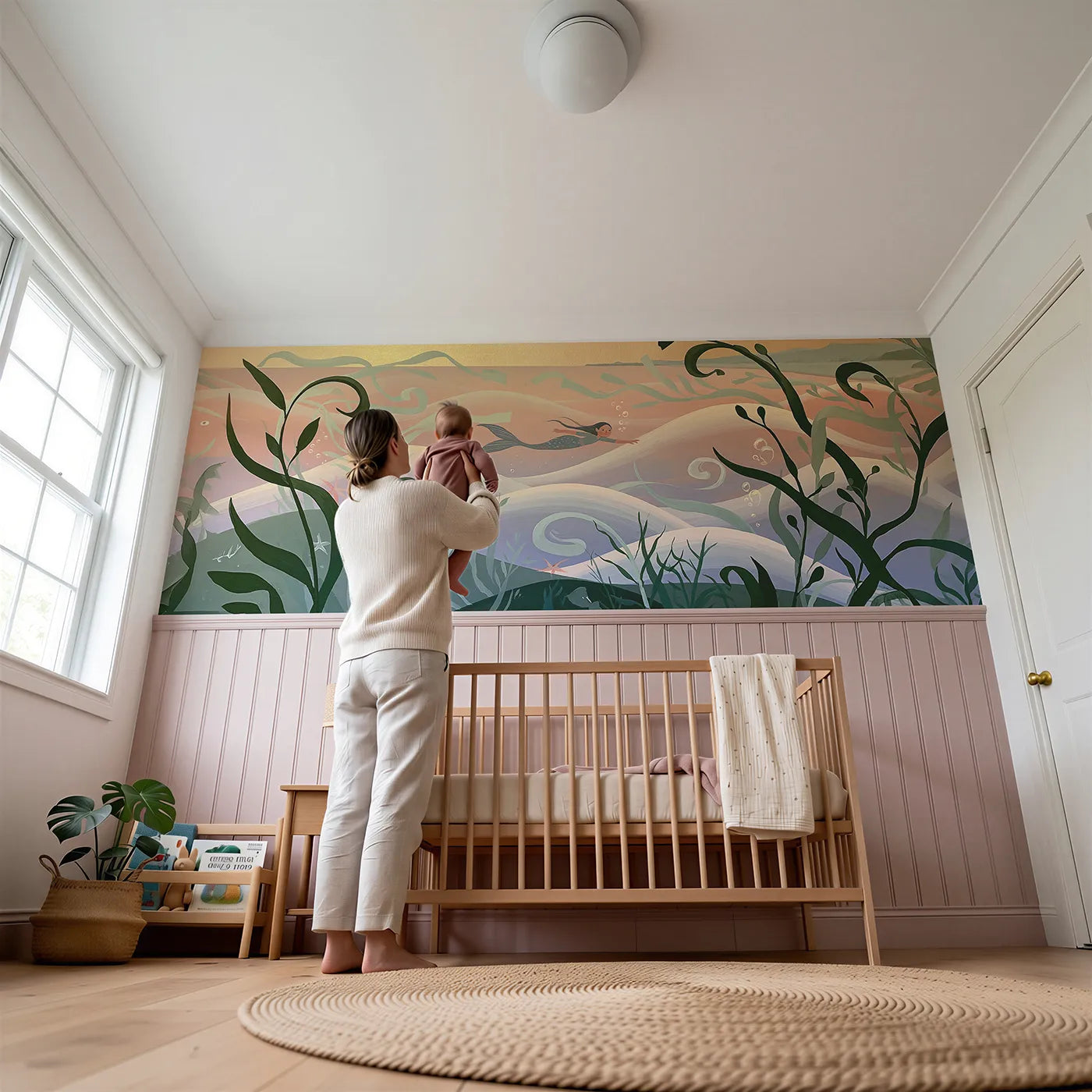 Child reading near The Long Swim Home Wainscoting Wallpaper by Whimsy Tots
