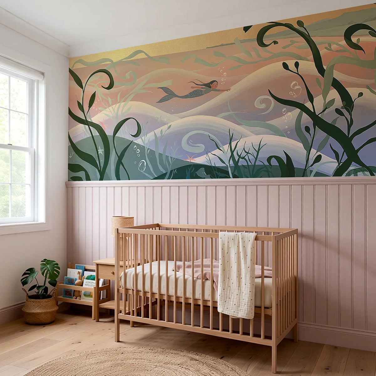 The Long Swim Home Wainscoting Wallpaper styled in a kids room by Whimsy Tots
