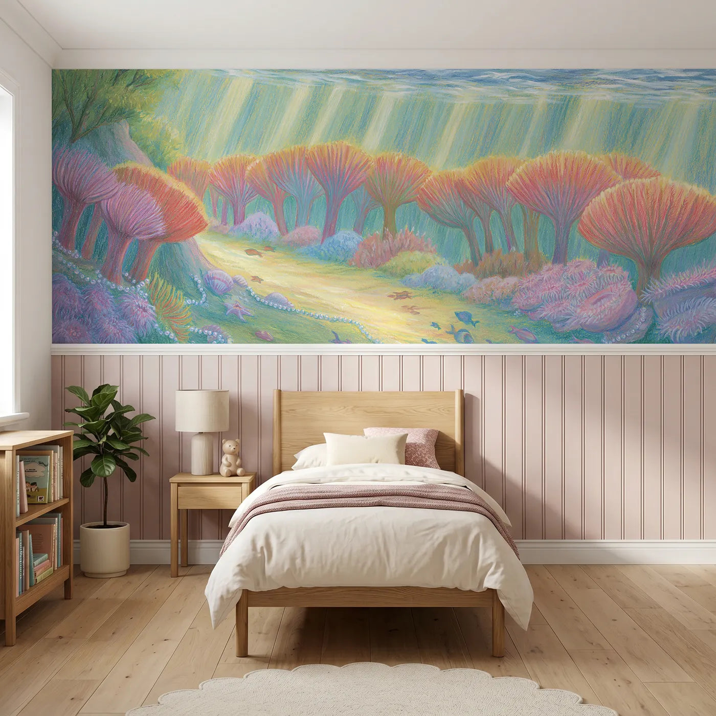 Colored pencil wainscoting wallpaper of the sea-fan garden by Whimsy Tots
