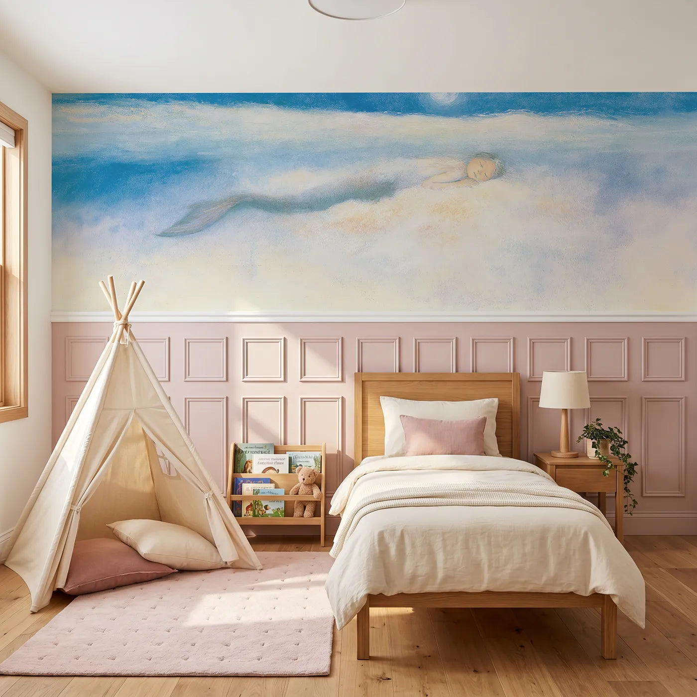 Soft pastel wainscoting wallpaper of goodnight below the ceiling by Whimsy Tots