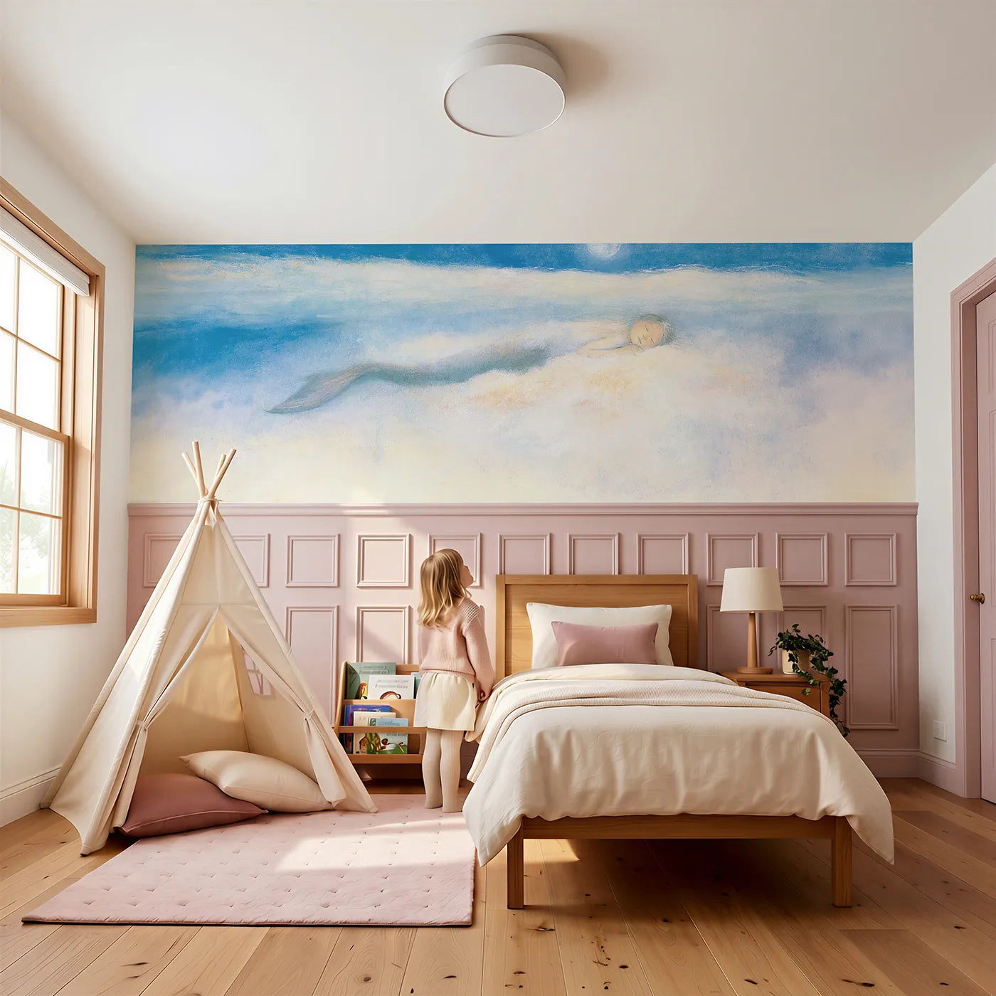 Child reading near Goodnight Below The Ceiling Wainscoting Wallpaper by Whimsy Tots