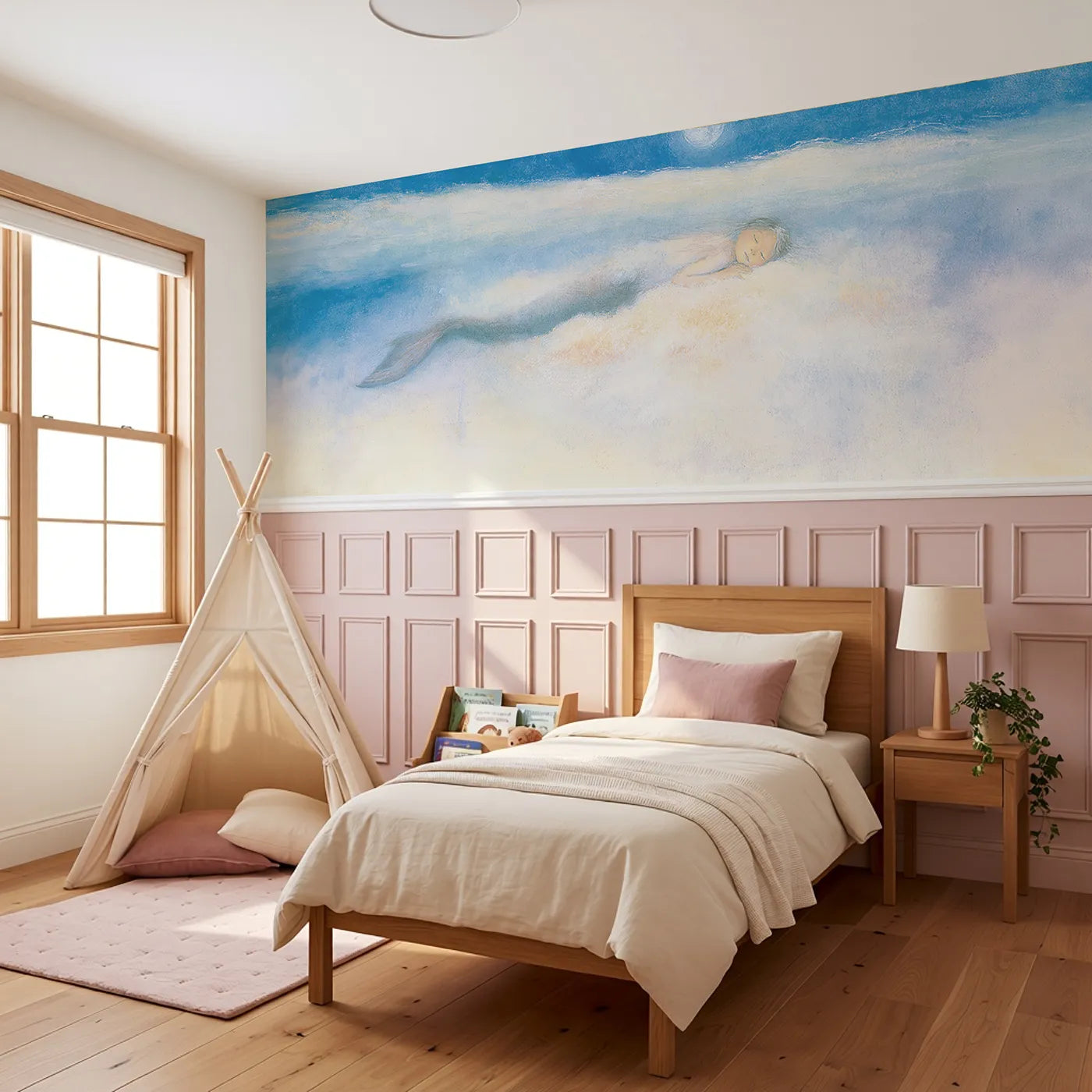 Goodnight Below The Ceiling Wainscoting Wallpaper styled in a kids room by Whimsy Tots