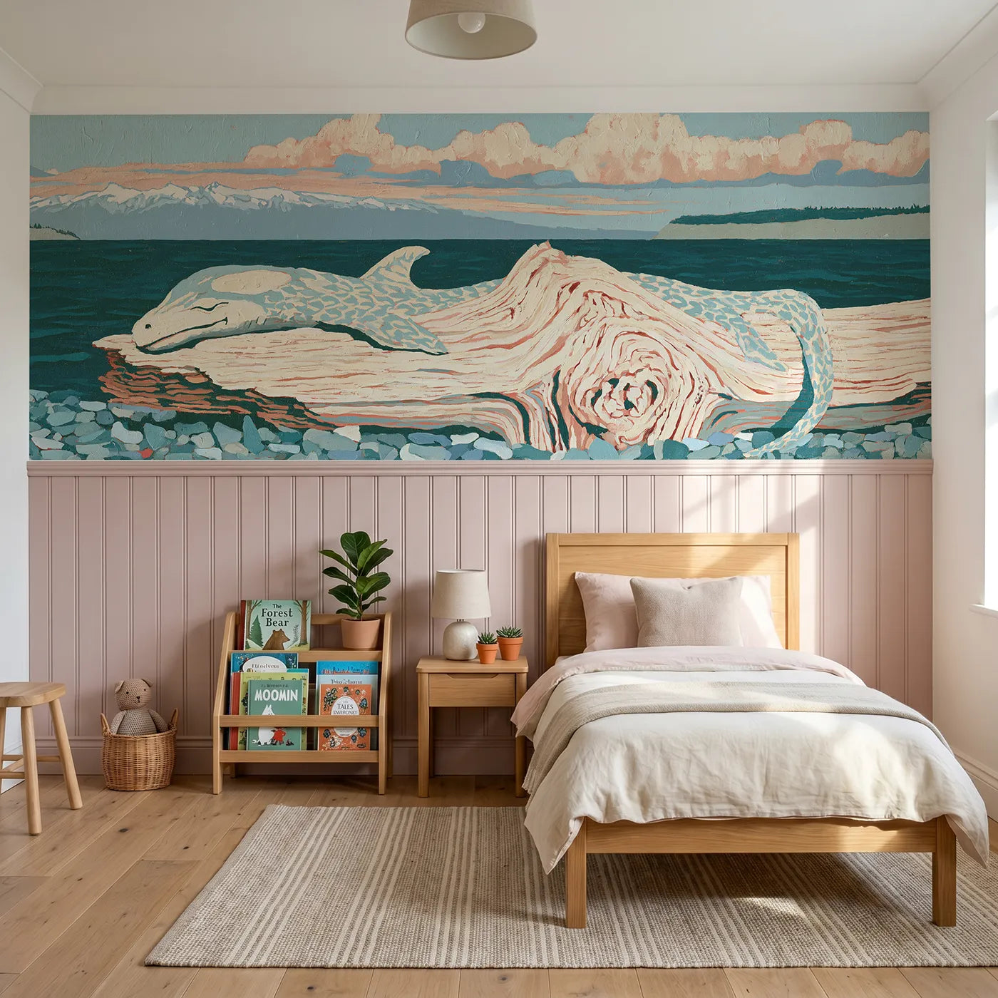 Block print wainscoting wallpaper of the driftwood shape by Whimsy Tots