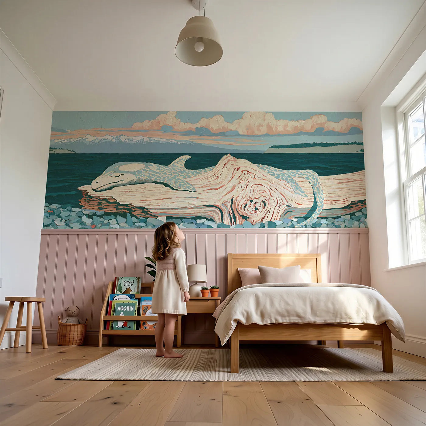 Child reading near The Driftwood Shape Wainscoting Wallpaper by Whimsy Tots
