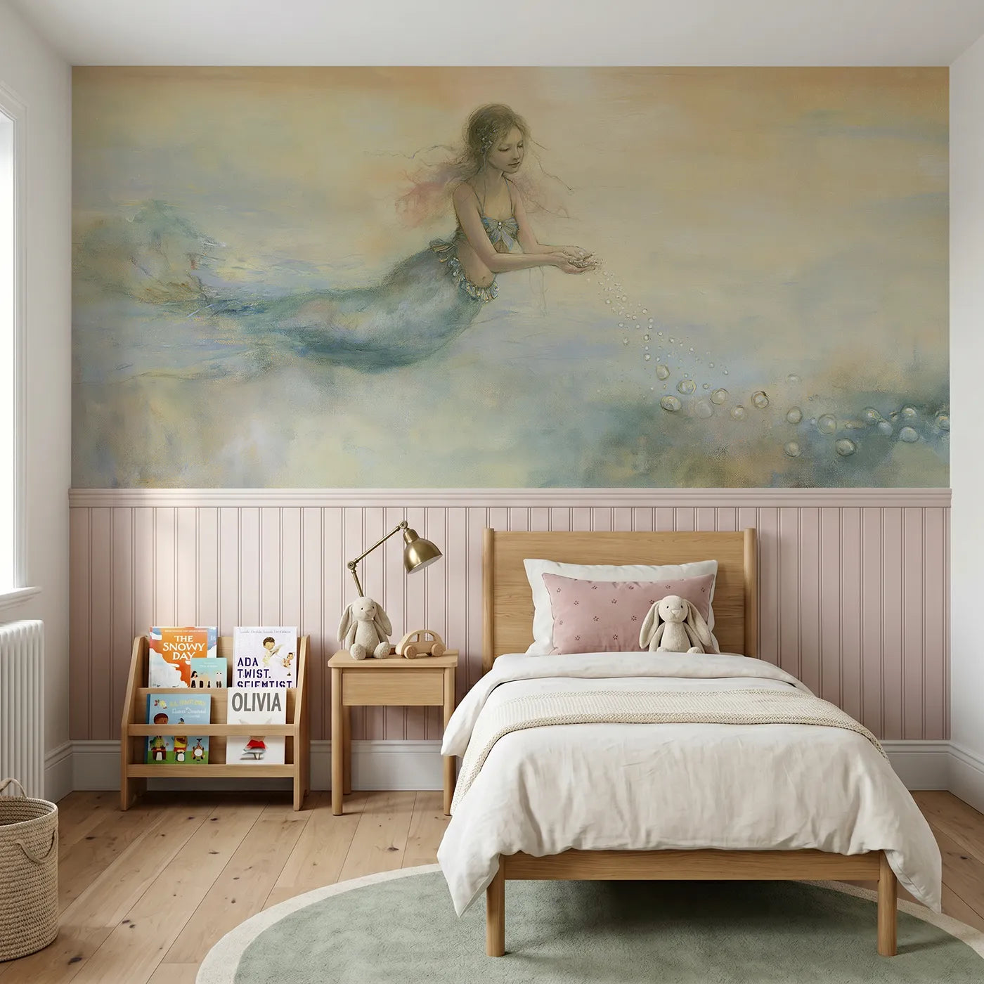Watercolor wainscoting wallpaper of letting the pearls go by Whimsy Tots