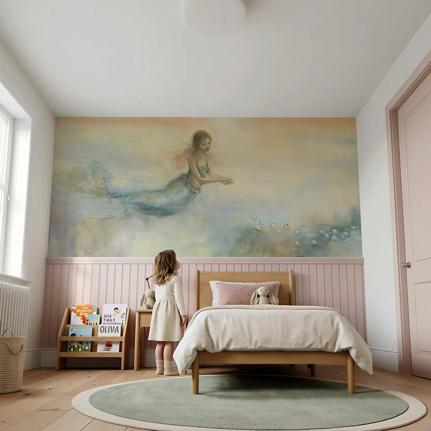 Child reading near Letting The Pearls Go Wainscoting Wallpaper by Whimsy Tots