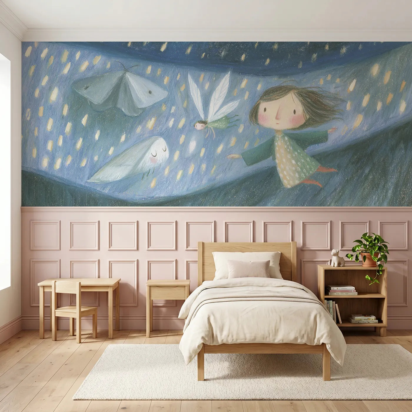 Colored pencil wainscoting wallpaper of the fairy and the moth by Whimsy Tots