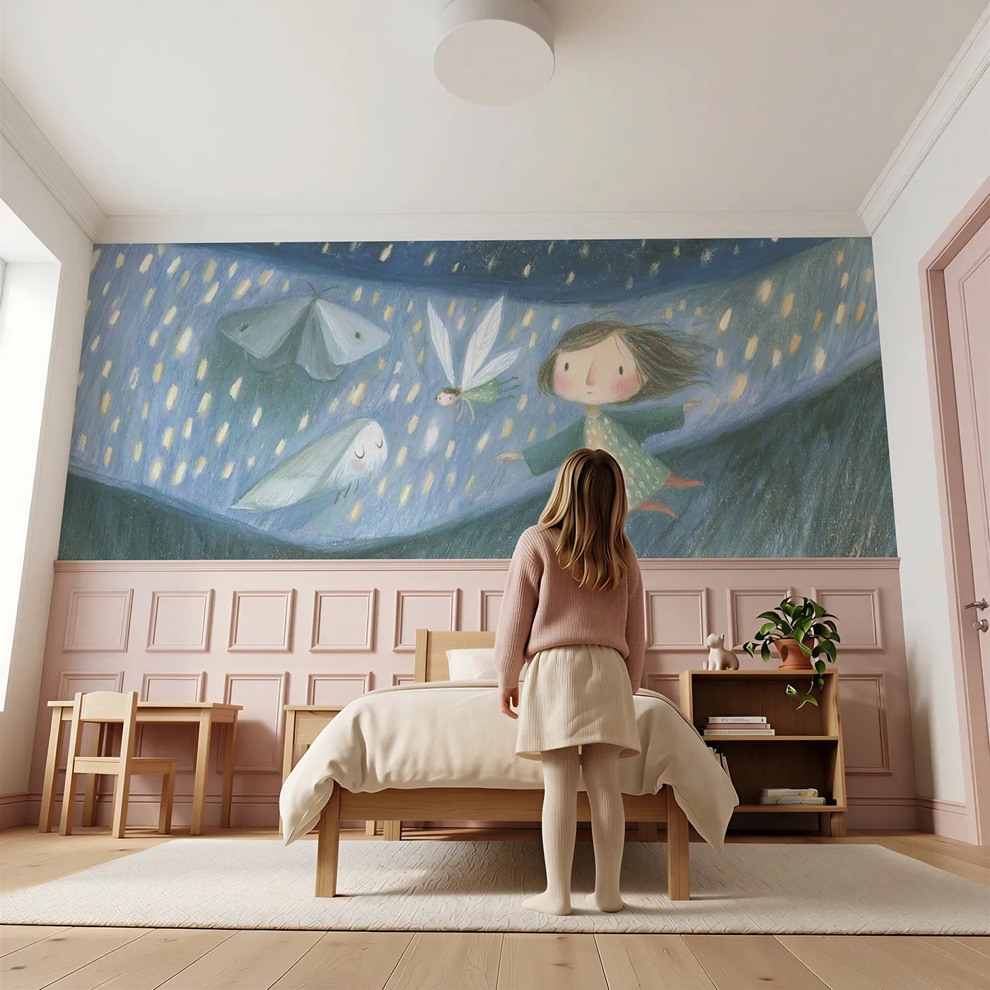 Child reading near The Fairy And The Moth Wainscoting Wallpaper by Whimsy Tots