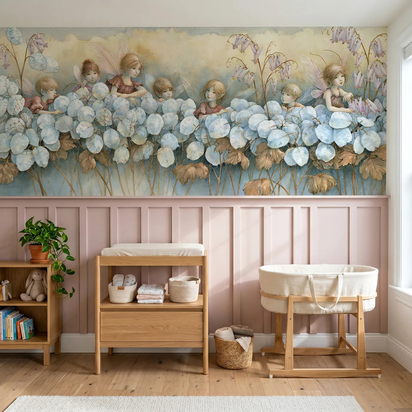 Storybook wainscoting wallpaper of hide and seek pennies by Whimsy Tots