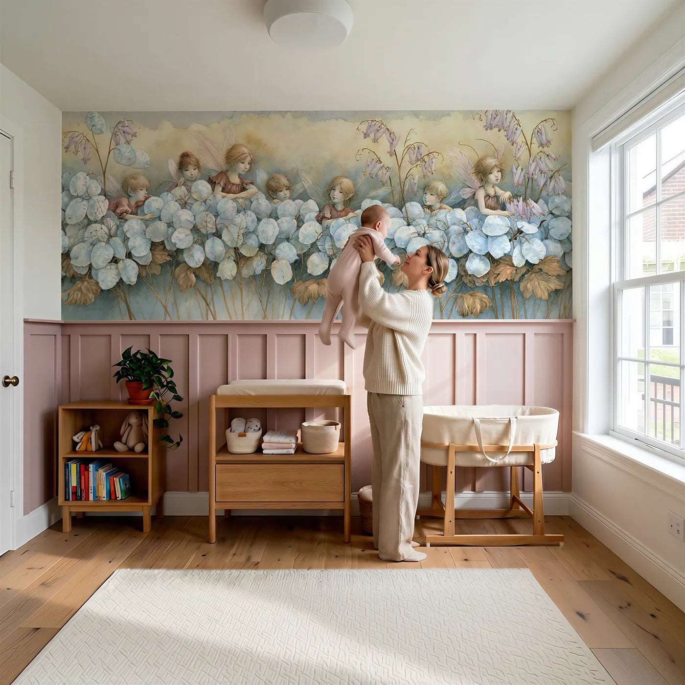 Child reading near Hide And Seek Pennies Wainscoting Wallpaper by Whimsy Tots