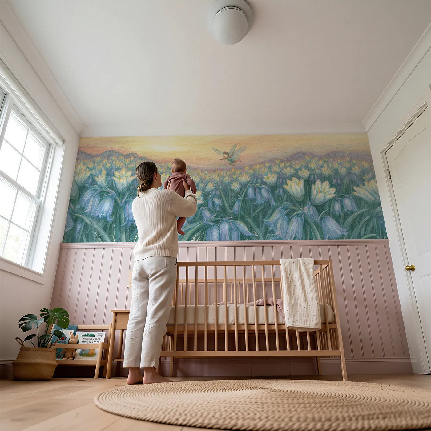 Child reading near The First Wobbling Flight Wainscoting Wallpaper by Whimsy Tots
