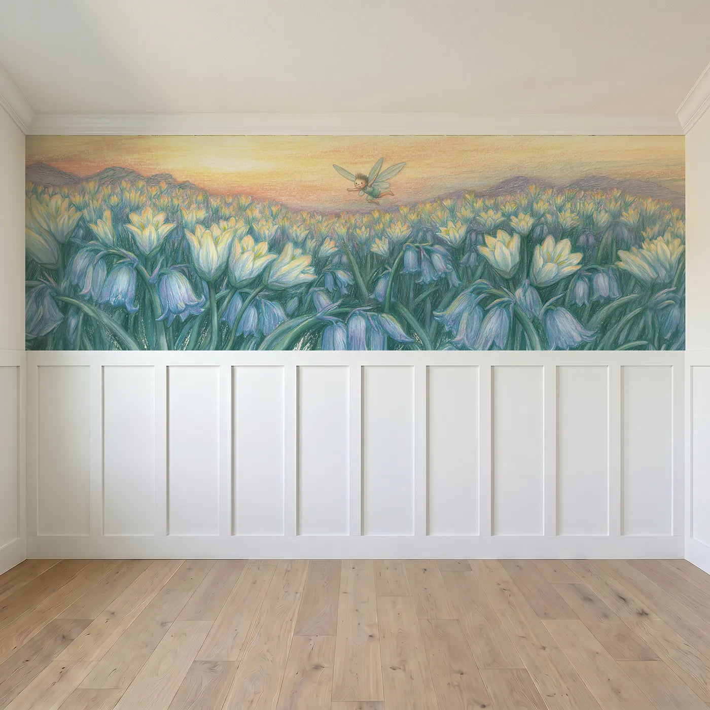 Full panel view of The First Wobbling Flight Wainscoting Wallpaper by Whimsy Tots