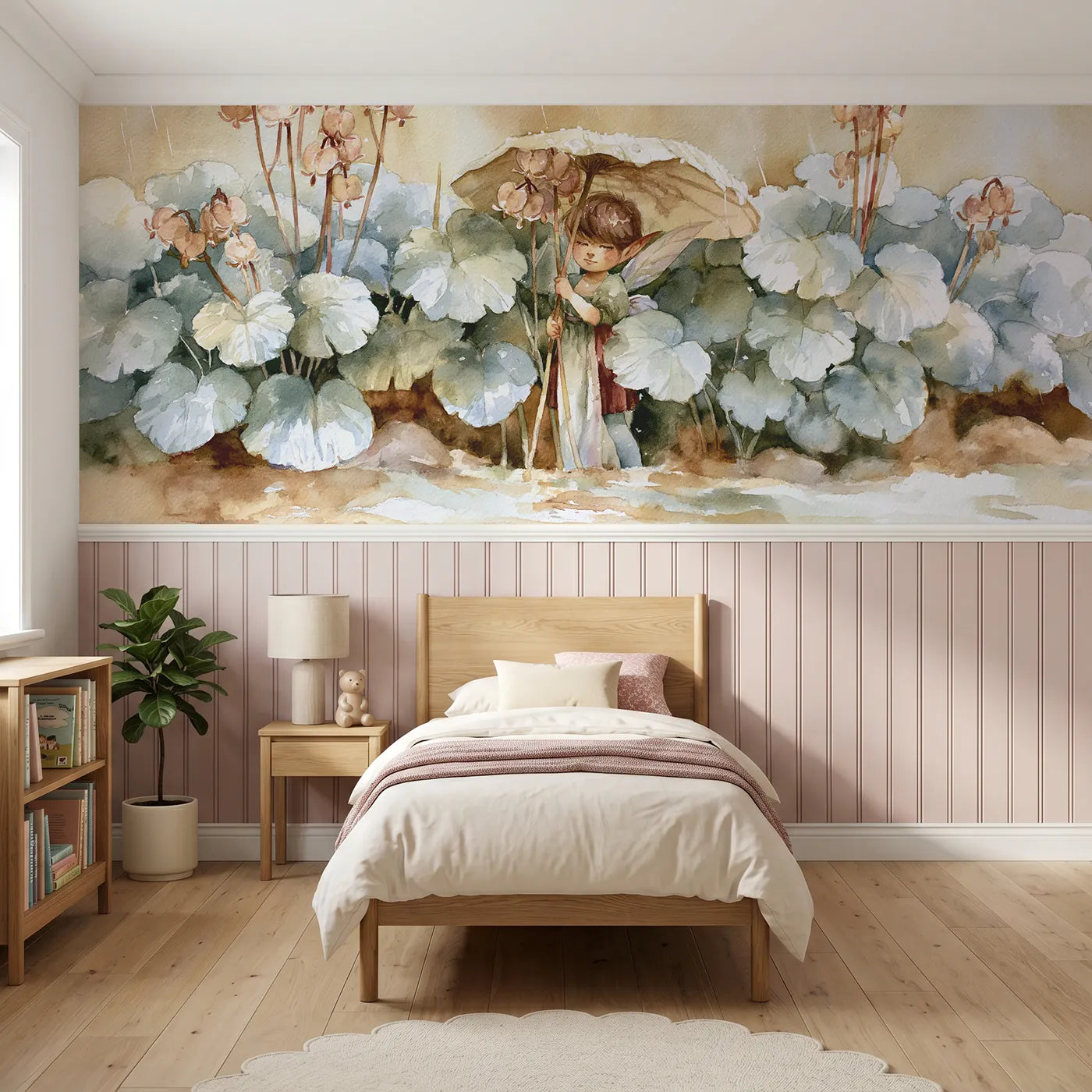Watercolor wainscoting wallpaper of sheltering under the pennies by Whimsy Tots