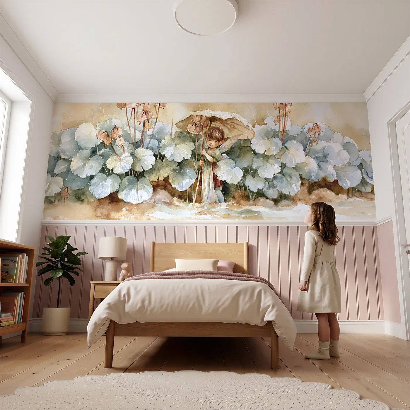 Child reading near Sheltering Under The Pennies Wainscoting Wallpaper by Whimsy Tots