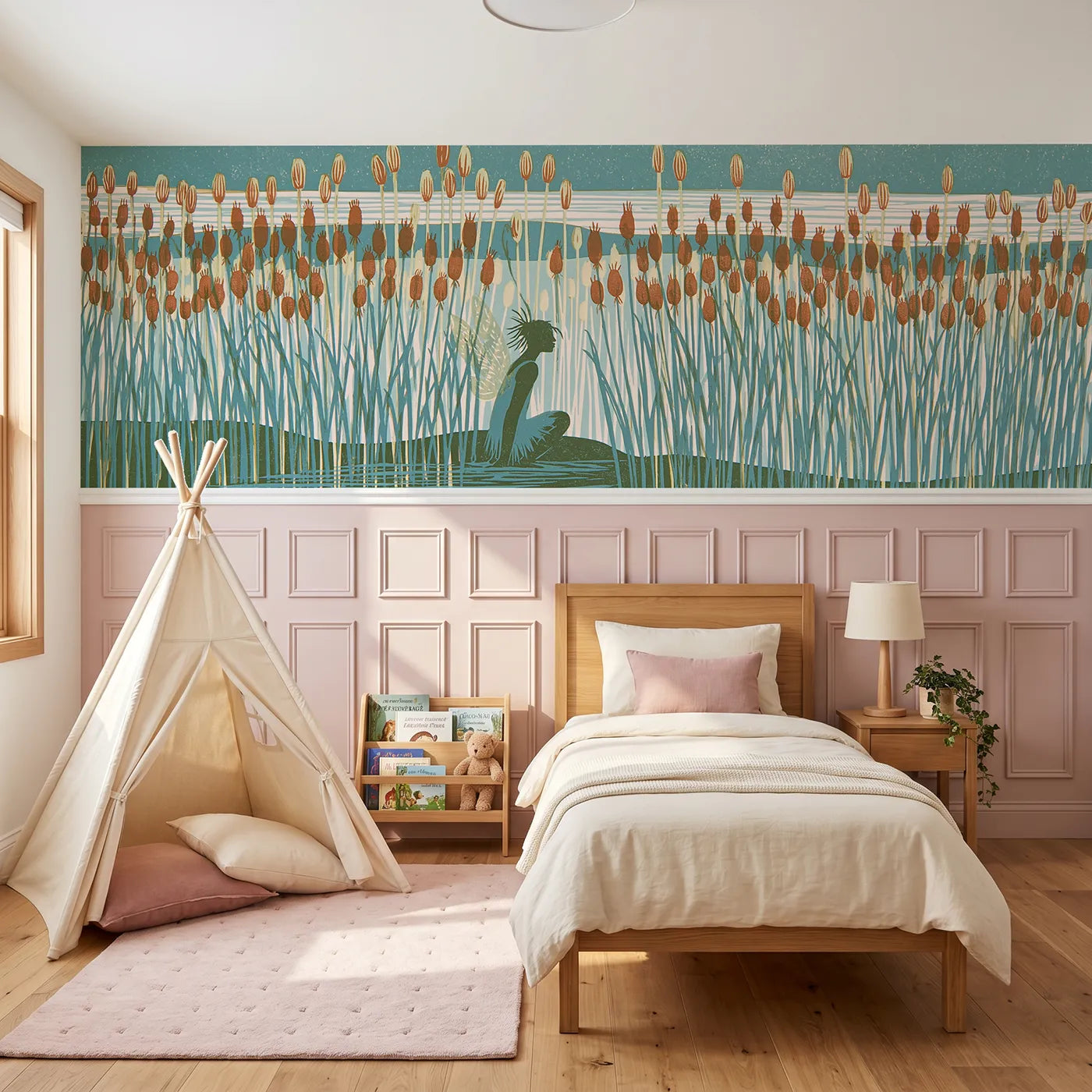 Block print wainscoting wallpaper of the carved fairy by Whimsy Tots