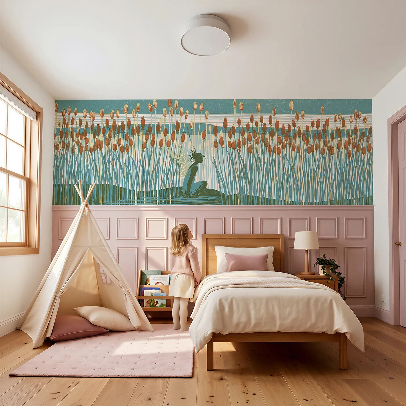 Child reading near The Carved Fairy Wainscoting Wallpaper by Whimsy Tots
