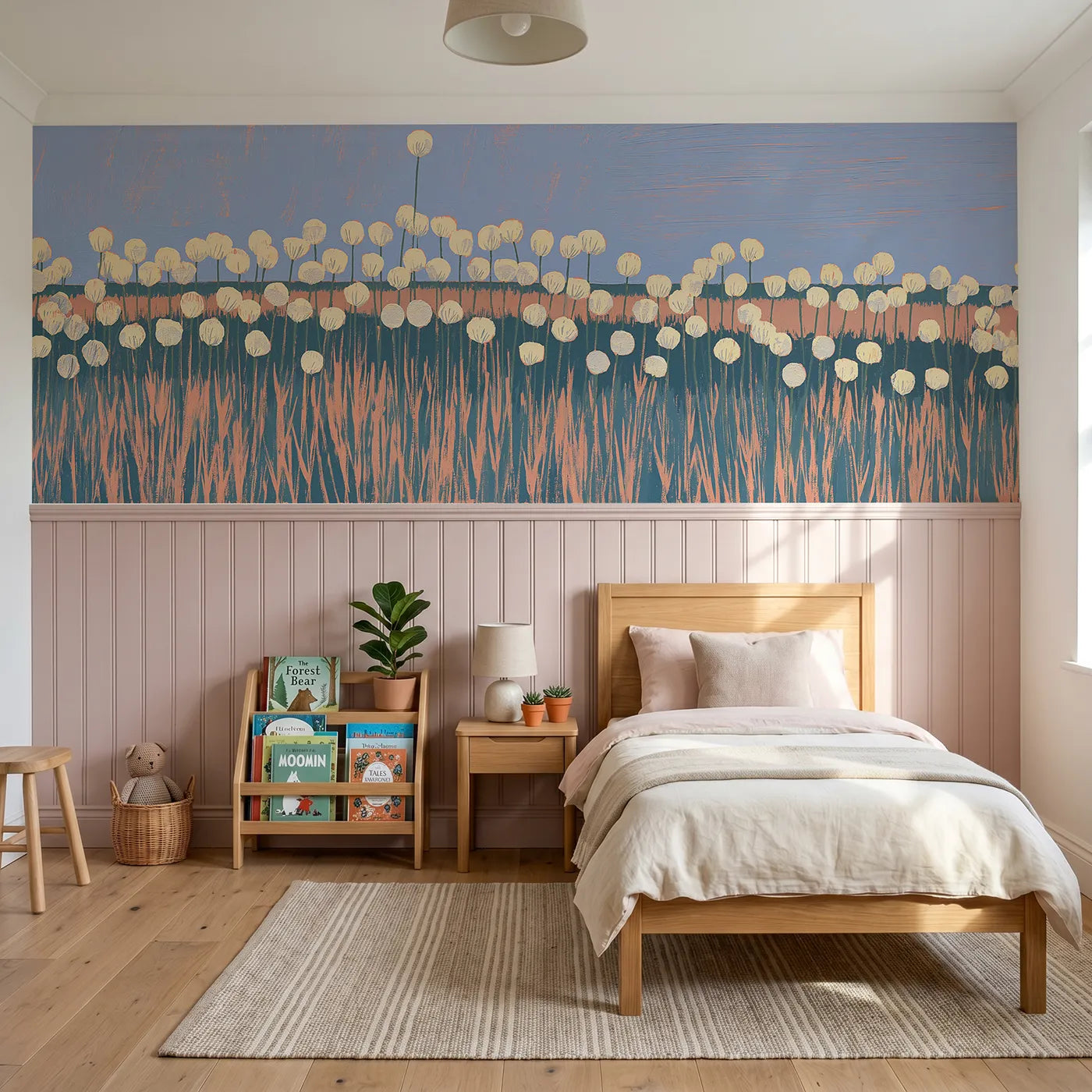Block print wainscoting wallpaper of moon pennies in low sun by Whimsy Tots