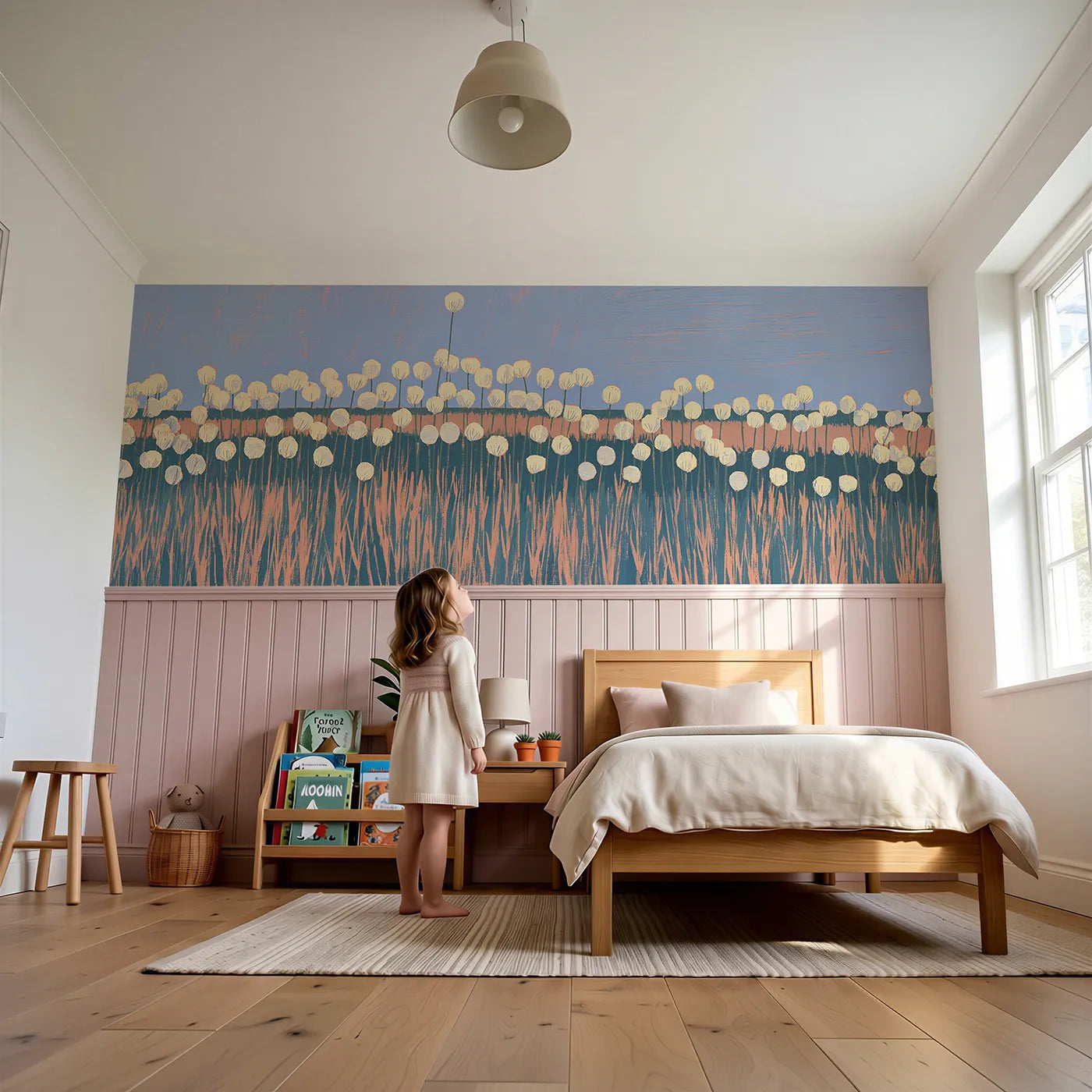 Child reading near Moon Pennies In Low Sun Wainscoting Wallpaper by Whimsy Tots
