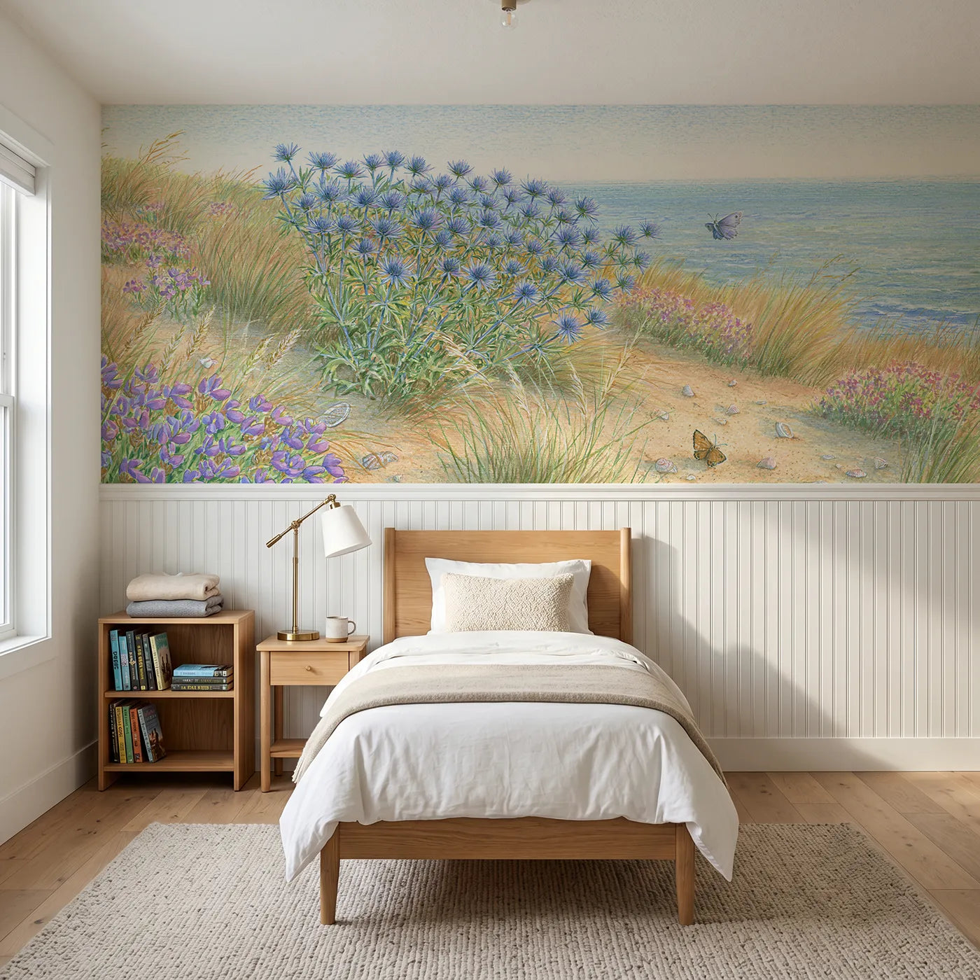 Colored pencil wainscoting wallpaper of sea holly on the dunes by Whimsy Tots