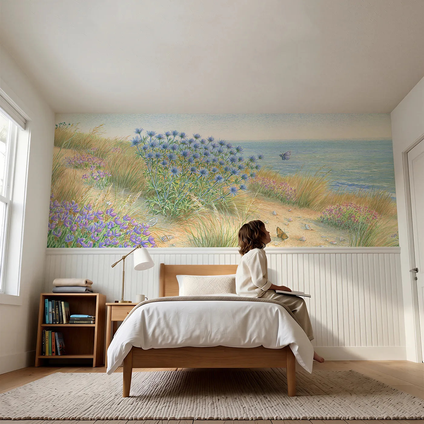 Child reading near Sea Holly On The Dunes Wainscoting Wallpaper by Whimsy Tots