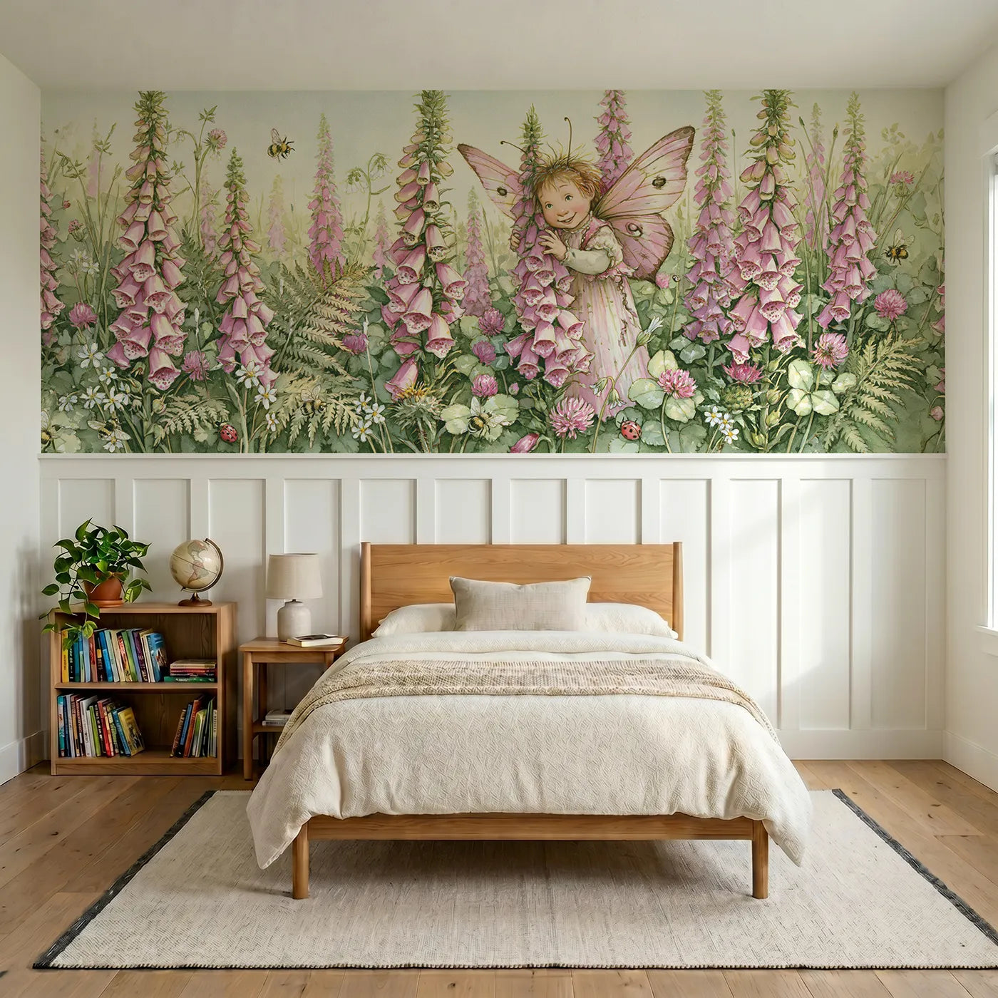 Storybook wainscoting wallpaper of a fairy among the foxgloves by Whimsy Tots