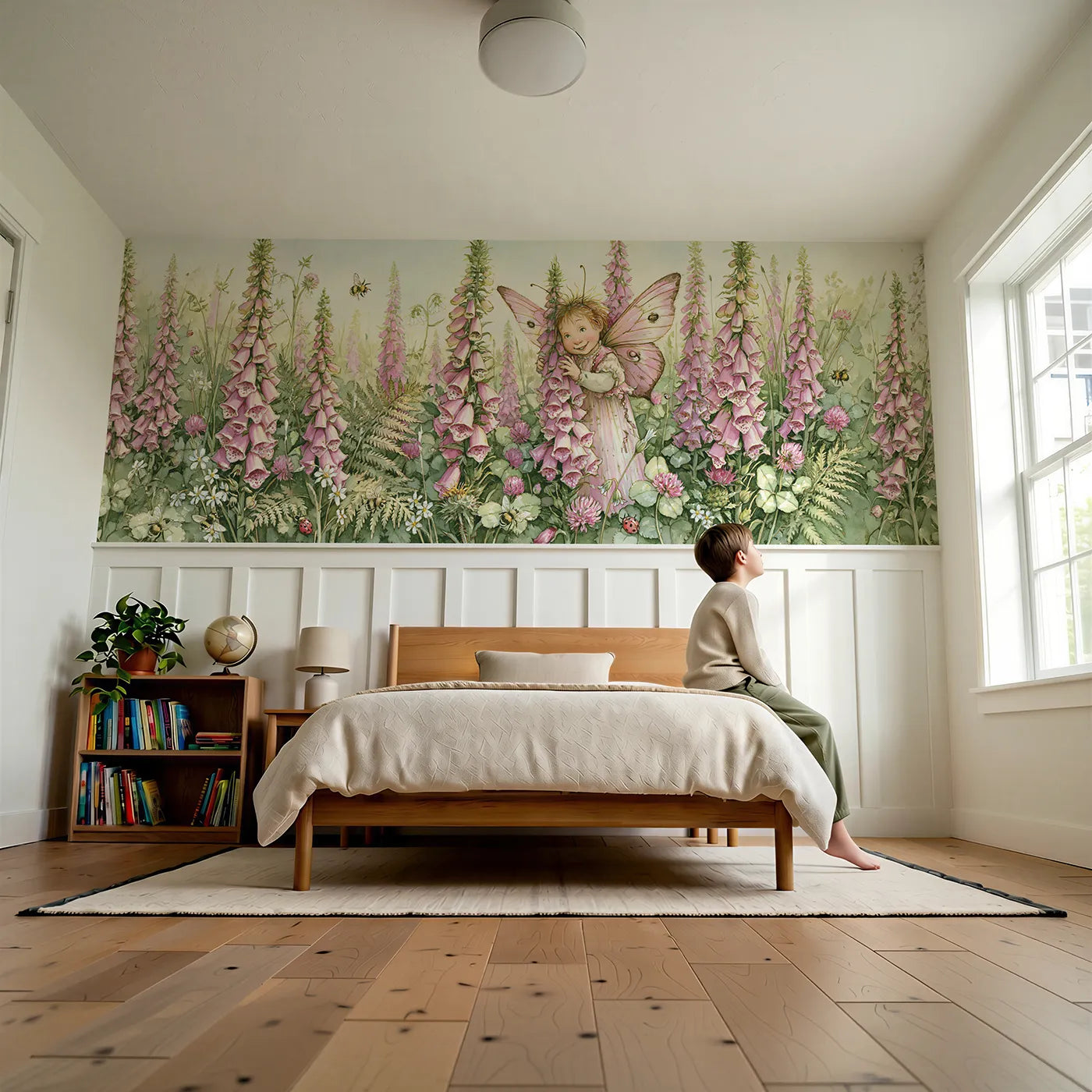 Child reading near A Fairy Among The Foxgloves Wainscoting Wallpaper by Whimsy Tots