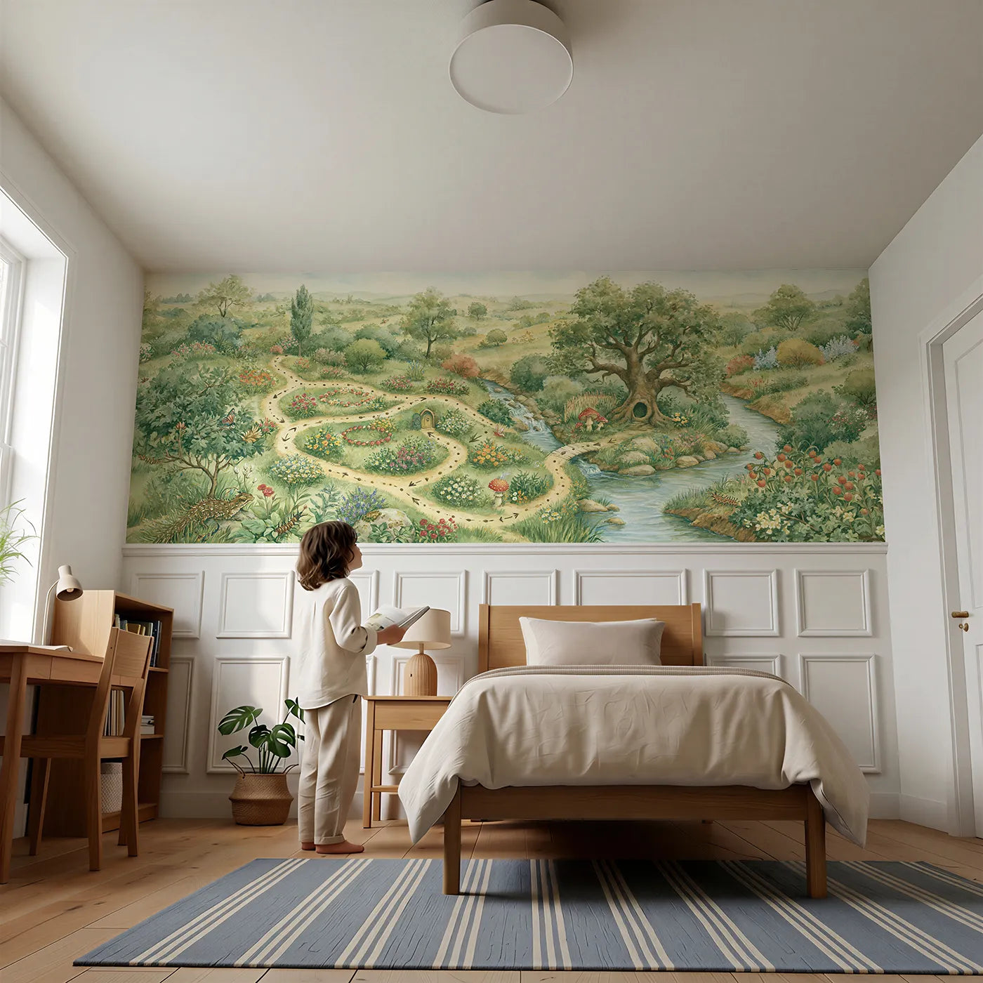 Child reading near Map Of The Fairy Ways Wainscoting Wallpaper by Whimsy Tots