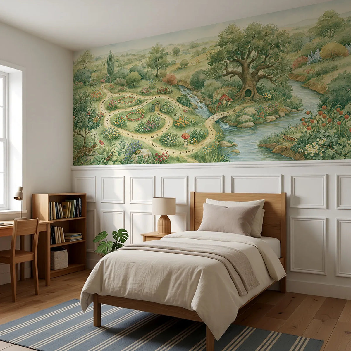 Map Of The Fairy Ways Wainscoting Wallpaper styled in a kids room by Whimsy Tots