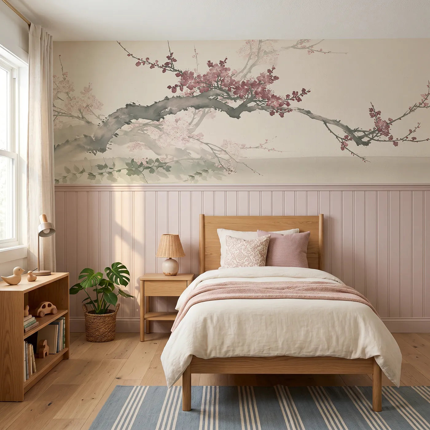 Chinoiserie wainscoting wallpaper of the enchanted plum branch by Whimsy Tots