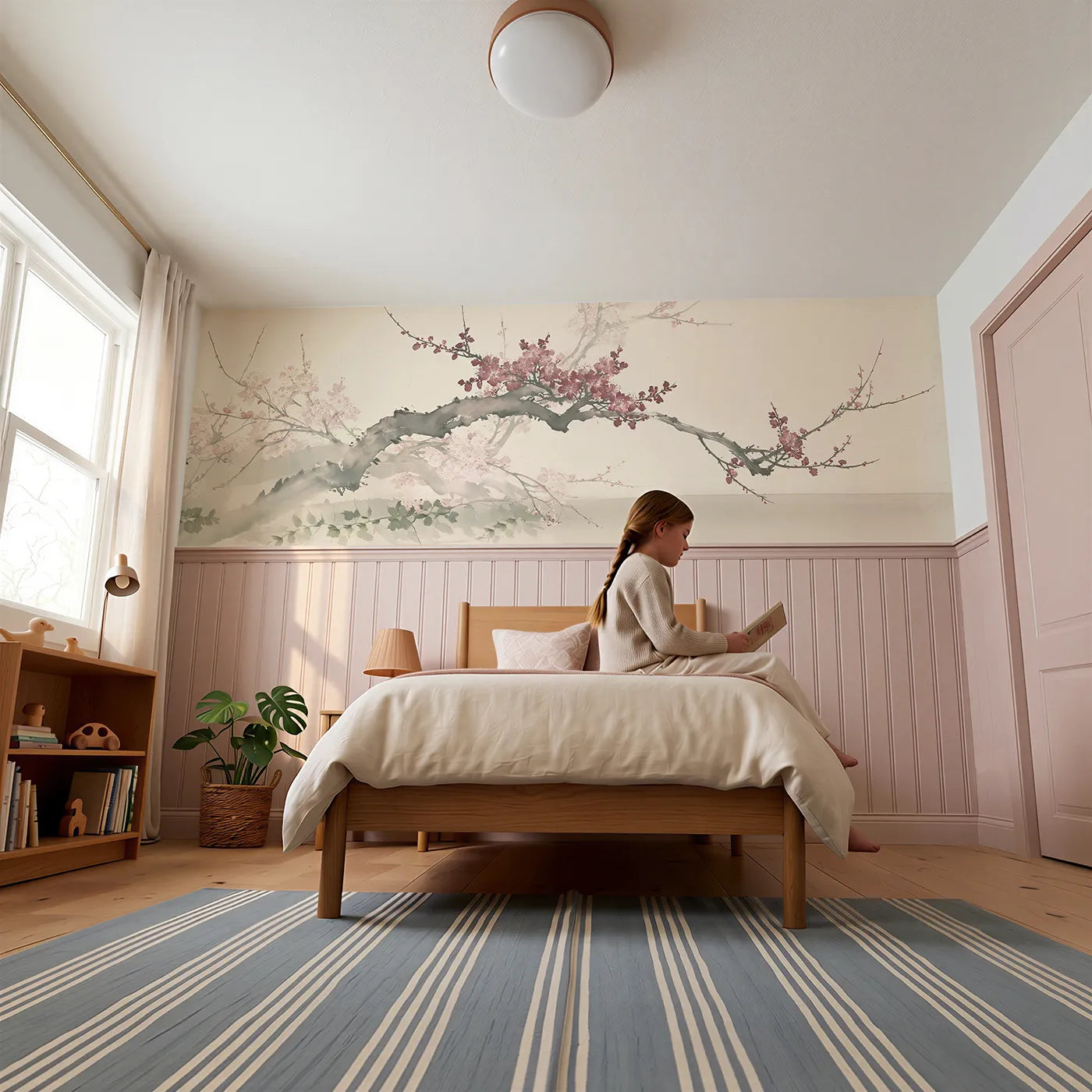 Child reading near The Enchanted Plum Branch Wainscoting Wallpaper by Whimsy Tots