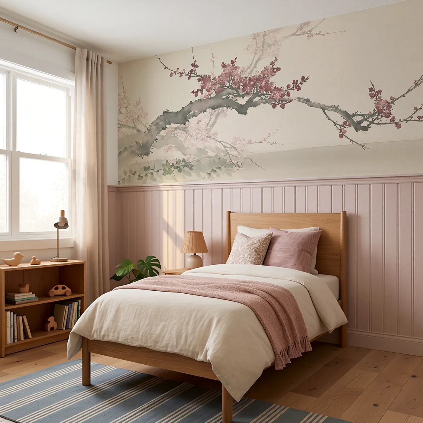 The Enchanted Plum Branch Wainscoting Wallpaper styled in a kids room by Whimsy Tots