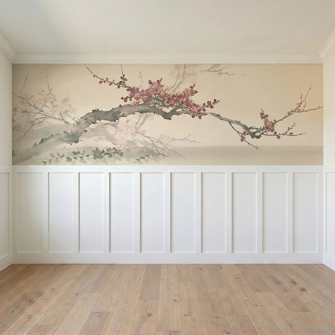 Full panel view of The Enchanted Plum Branch Wainscoting Wallpaper by Whimsy Tots