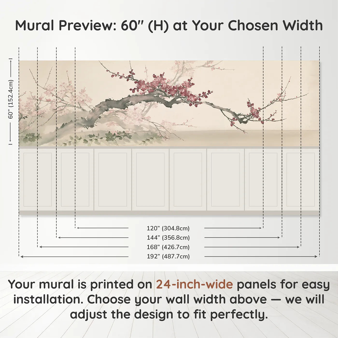 Panel dimensions for The Enchanted Plum Branch Wainscoting Wallpaper by Whimsy Tots