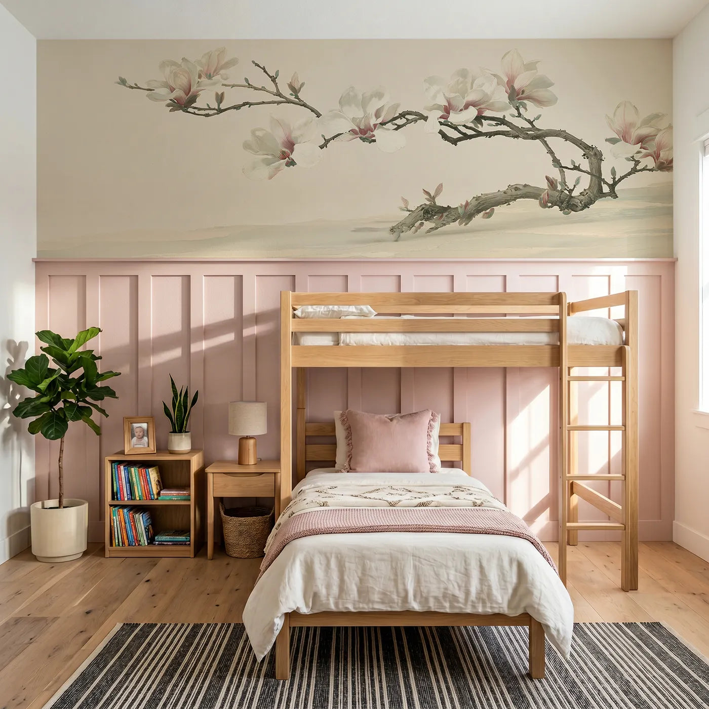 Chinoiserie wainscoting wallpaper of magnolia cups opening by Whimsy Tots