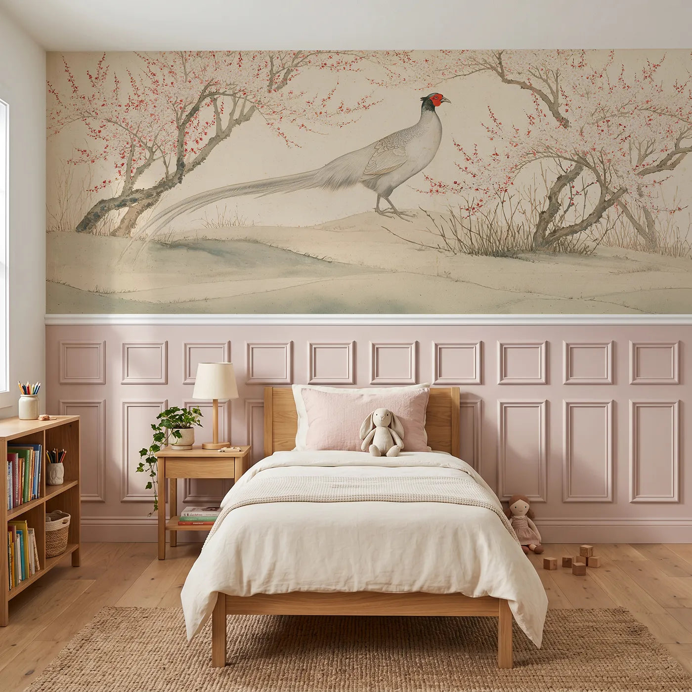 Chinoiserie wainscoting wallpaper of the silver pheasant by Whimsy Tots