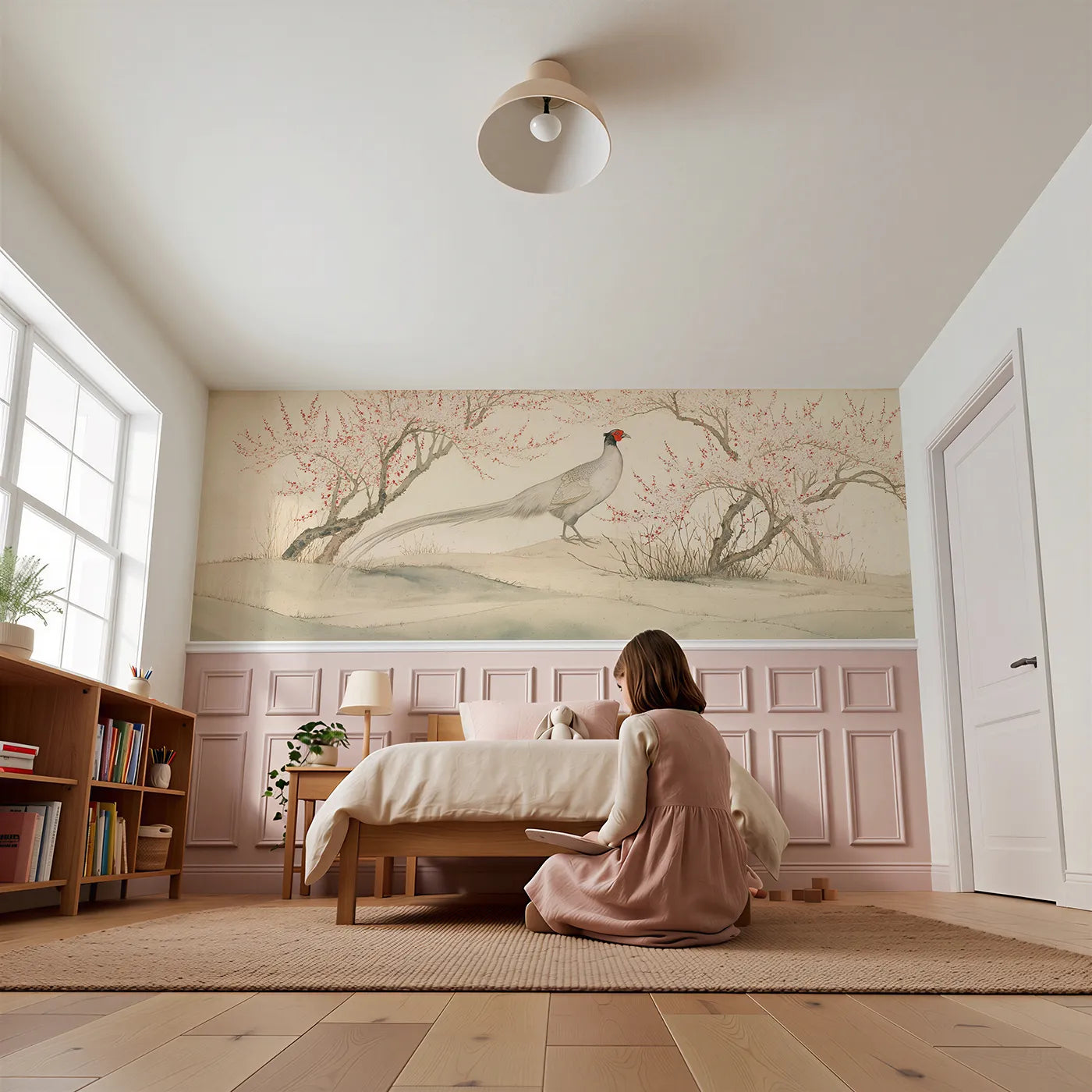 Child reading near The Silver Pheasant Wainscoting Wallpaper by Whimsy Tots