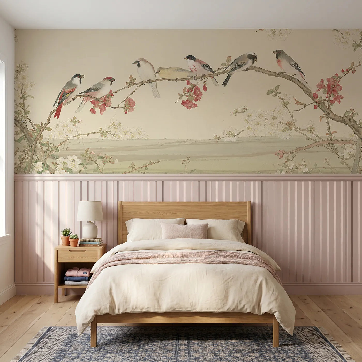 Chinoiserie wainscoting wallpaper of songbirds on the quince by Whimsy Tots