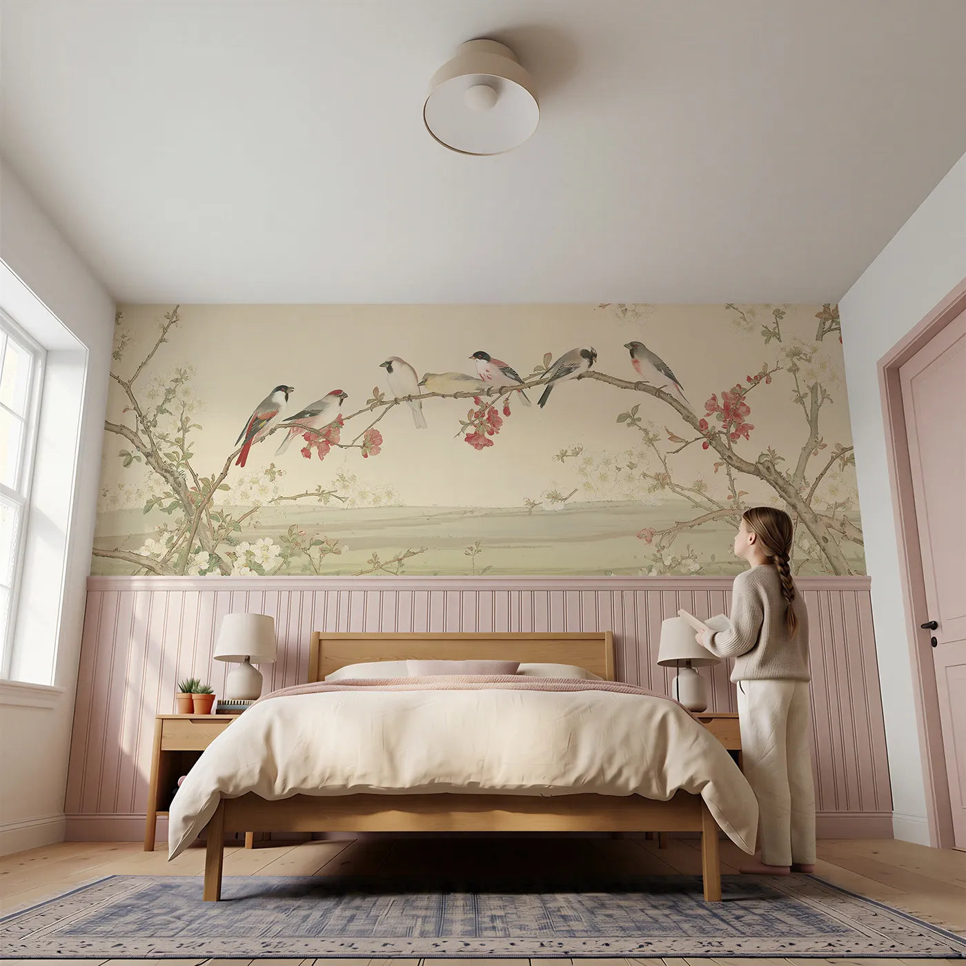 Child reading near Songbirds On The Quince Wainscoting Wallpaper by Whimsy Tots