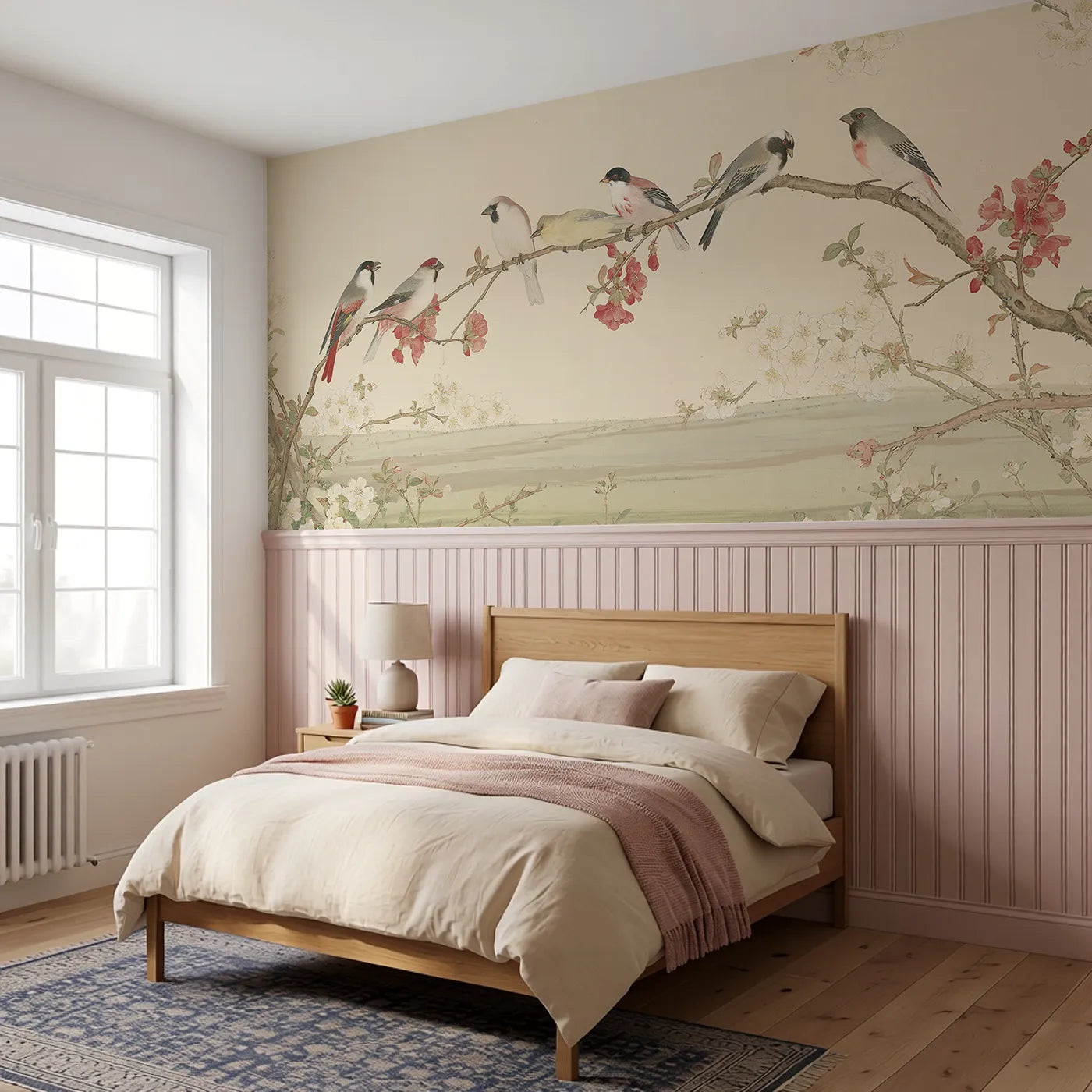 Songbirds On The Quince Wainscoting Wallpaper styled in a kids room by Whimsy Tots