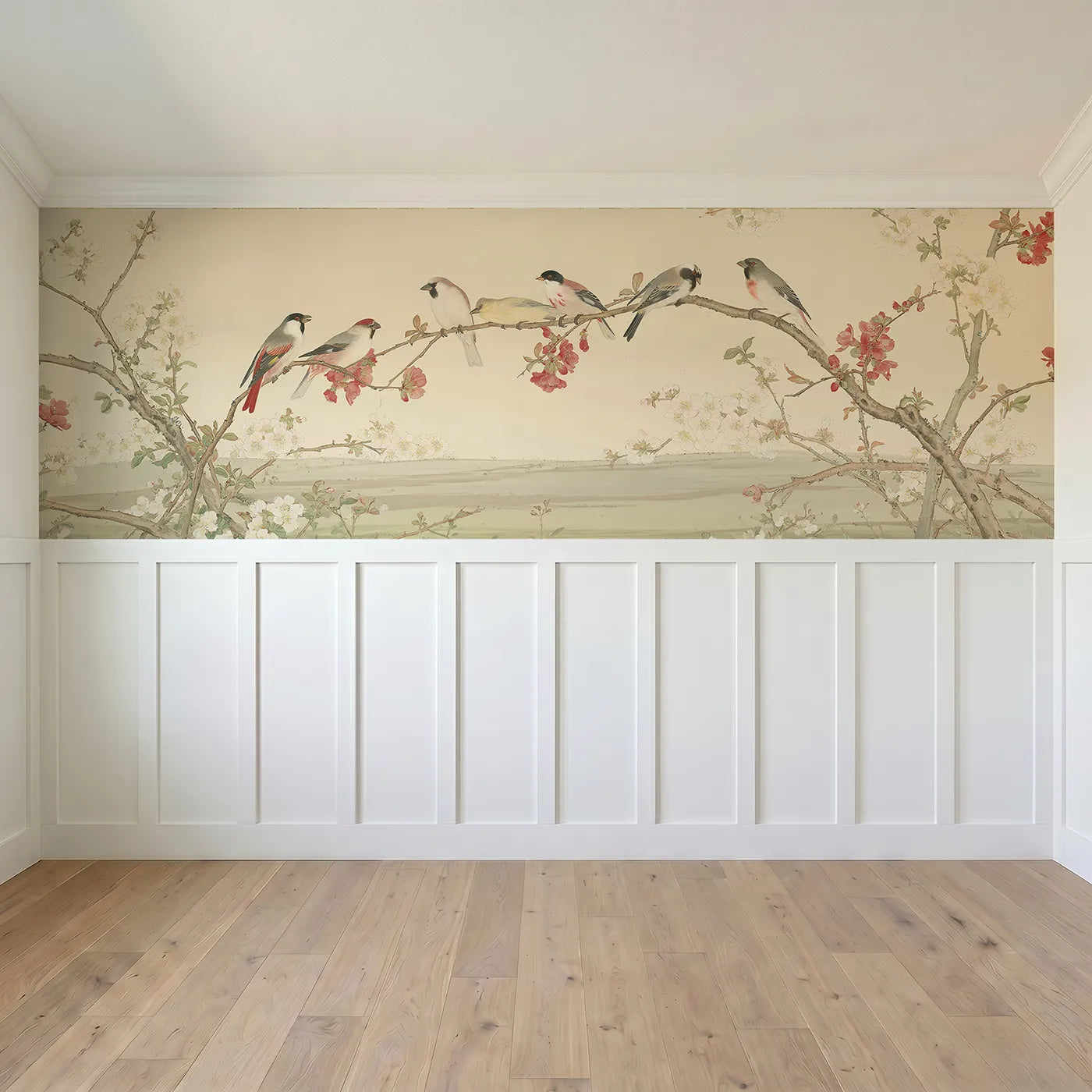 Full panel view of Songbirds On The Quince Wainscoting Wallpaper by Whimsy Tots